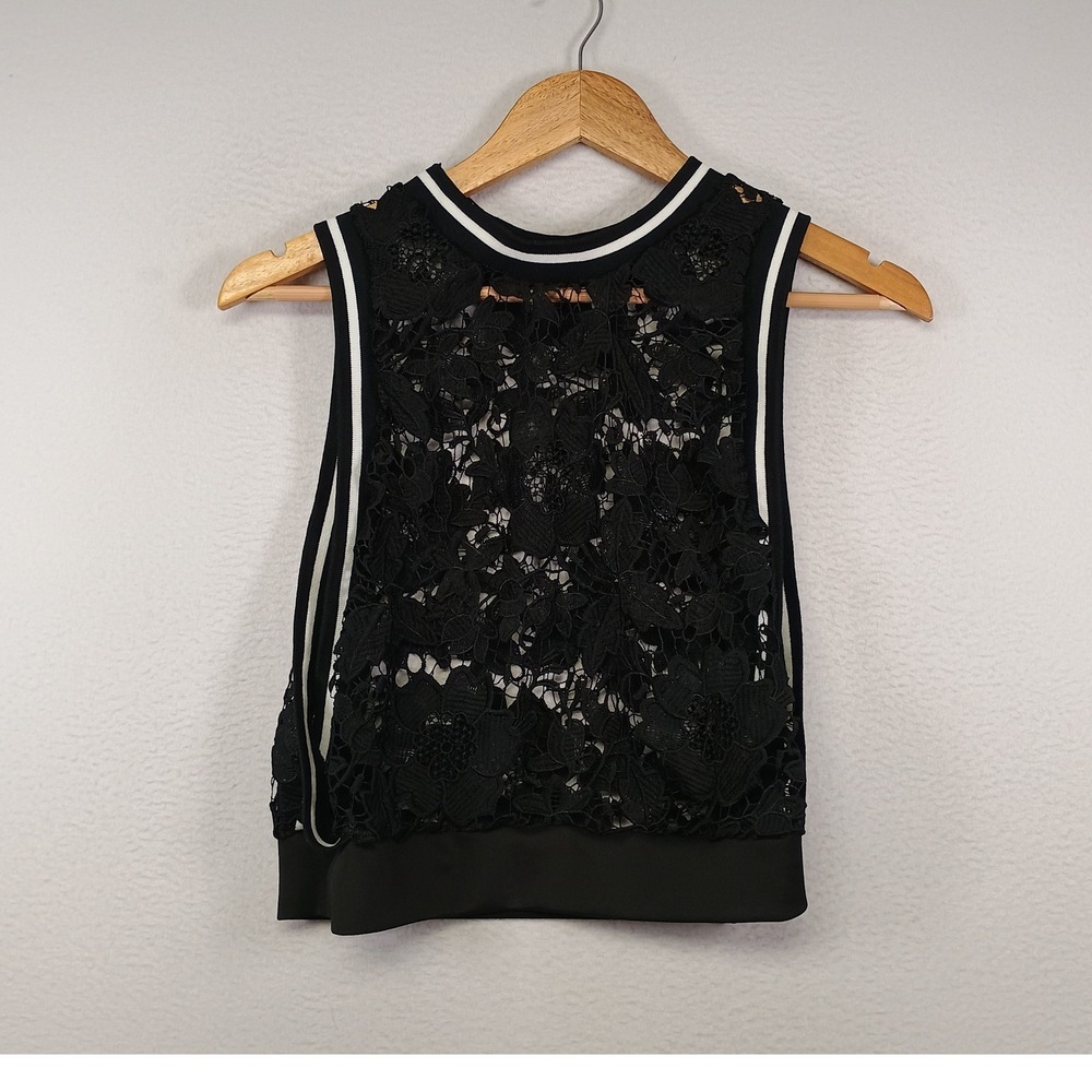 Sporty Chic Say What? Women M Black Floral Lace Sleeveless Striped Rib Trim Top